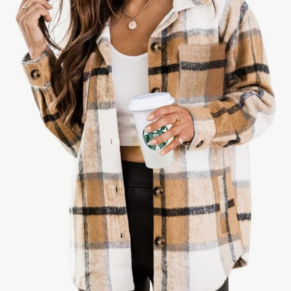 Plaid Button-Up Shirt Jacket - Brown and White